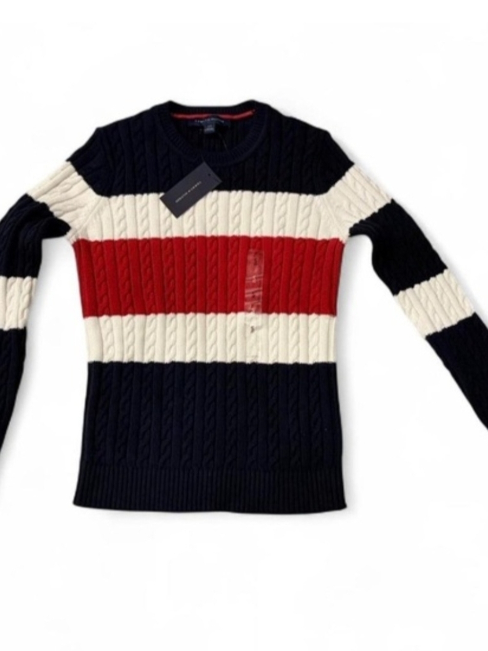 Men's Cable Knit Stripe Sweater - Navy, Cream & Red